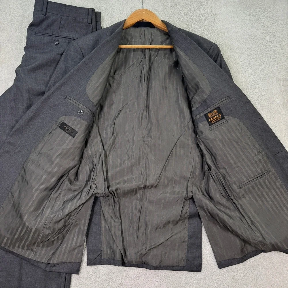 Baroni Mens 38R Slim Fit Wool Gray 2-Piece Suit Blazer Pants 33x30‎ Coat Jacket